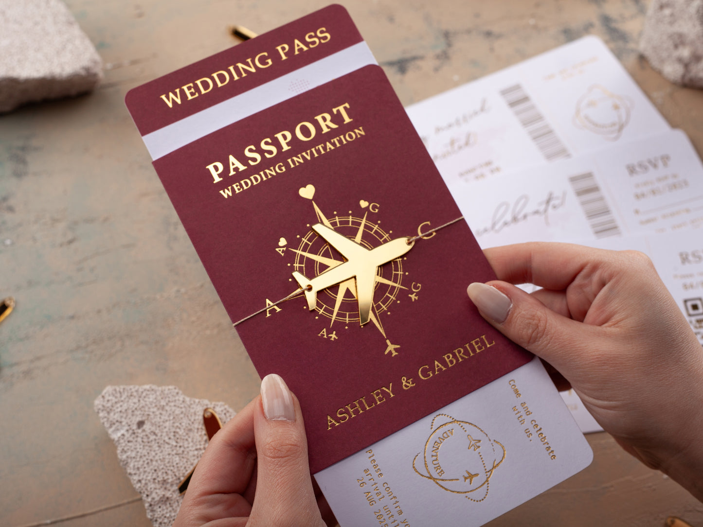 Luxury Passport Wedding Invitation and Acrylic Plane | Gold Foil Boarding Pass