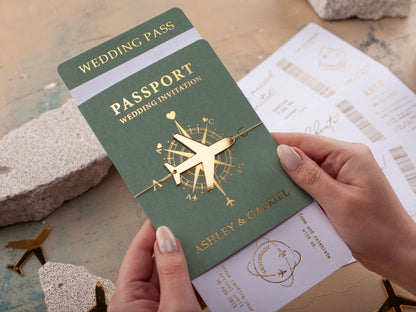 Sage Green Passport Wedding Invitations with Gold Foil | Acrylic Plane Accessory