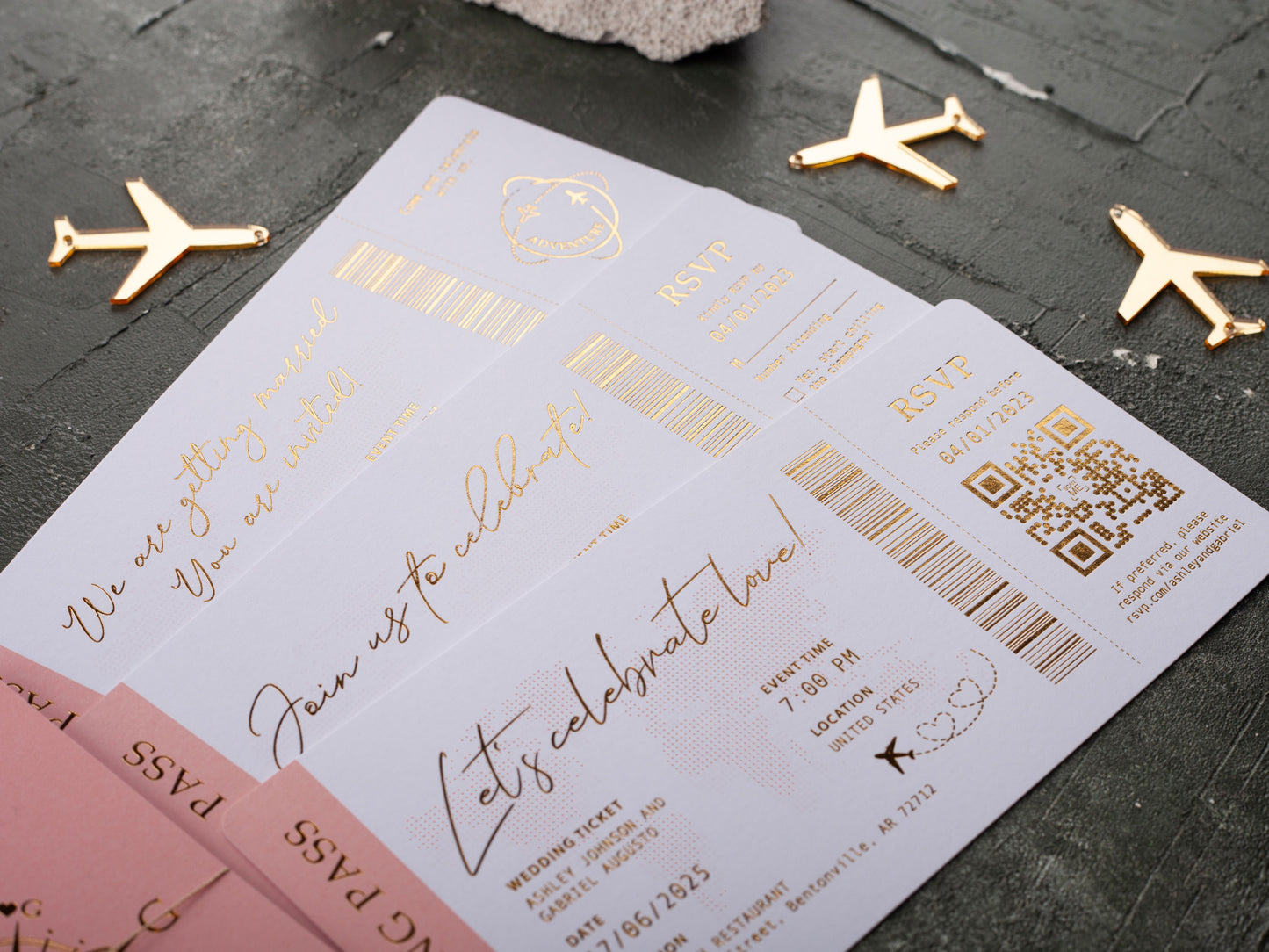 Passport Wedding Invitations with Gold Foil and Blush Pink Covers