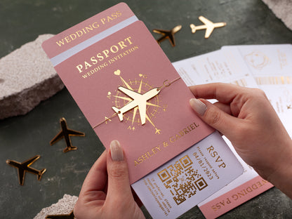 Passport Wedding Invitations with Gold Foil and Blush Pink Covers