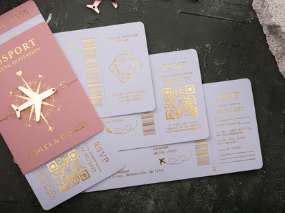 Passport Wedding Invitations with Gold Foil and Blush Pink Covers