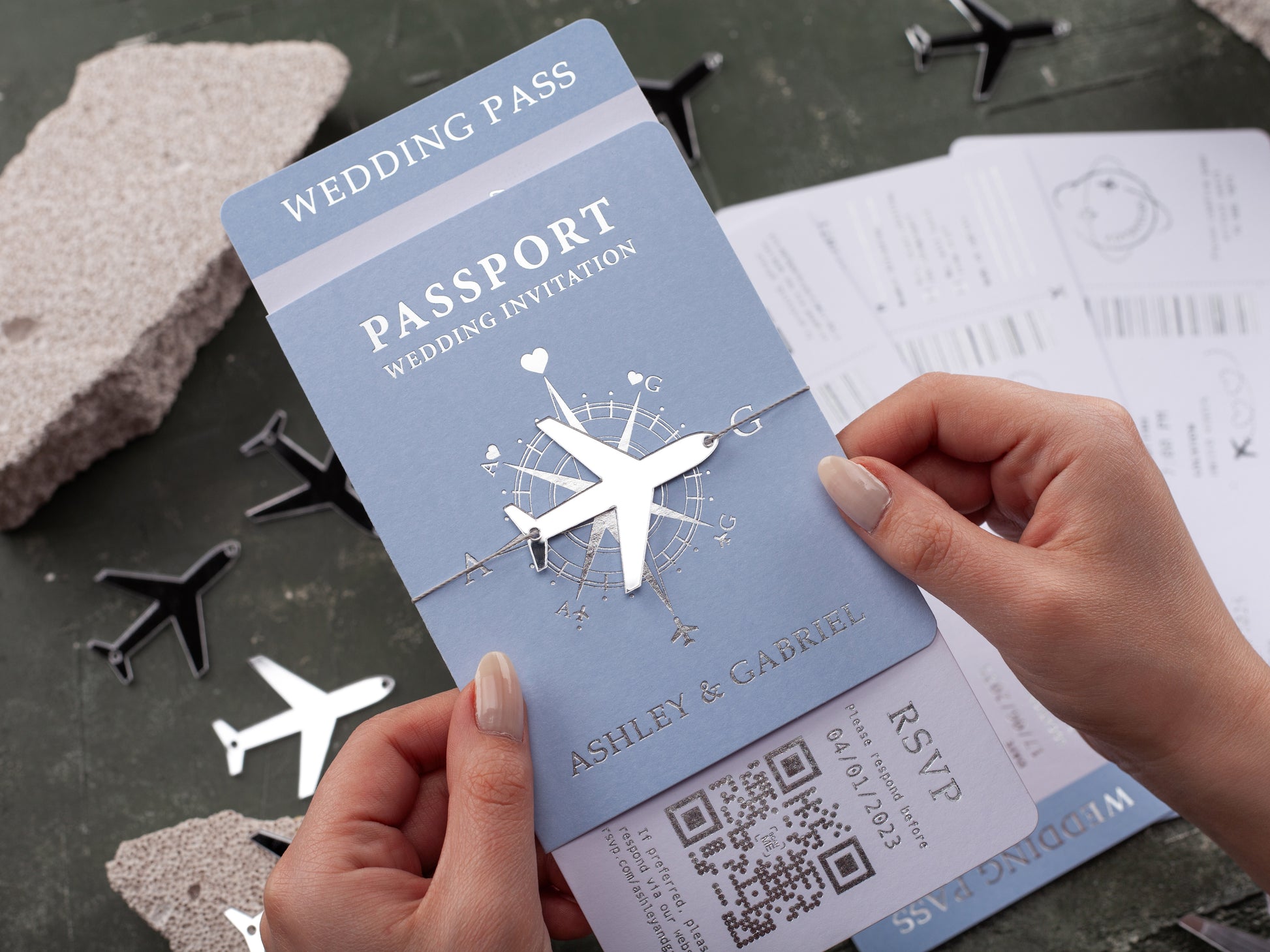 Passport Wedding Invitations with Baby Blue Boarding Pass Invites