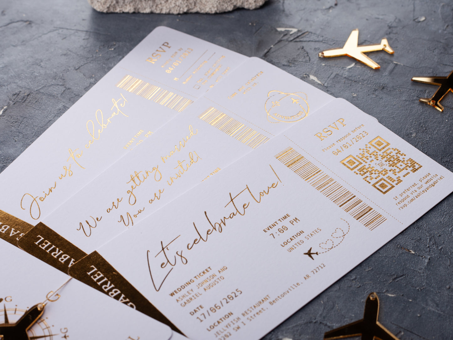 White Passport Wedding Invitations with Gold Foil | Acrylic Plane Accessory