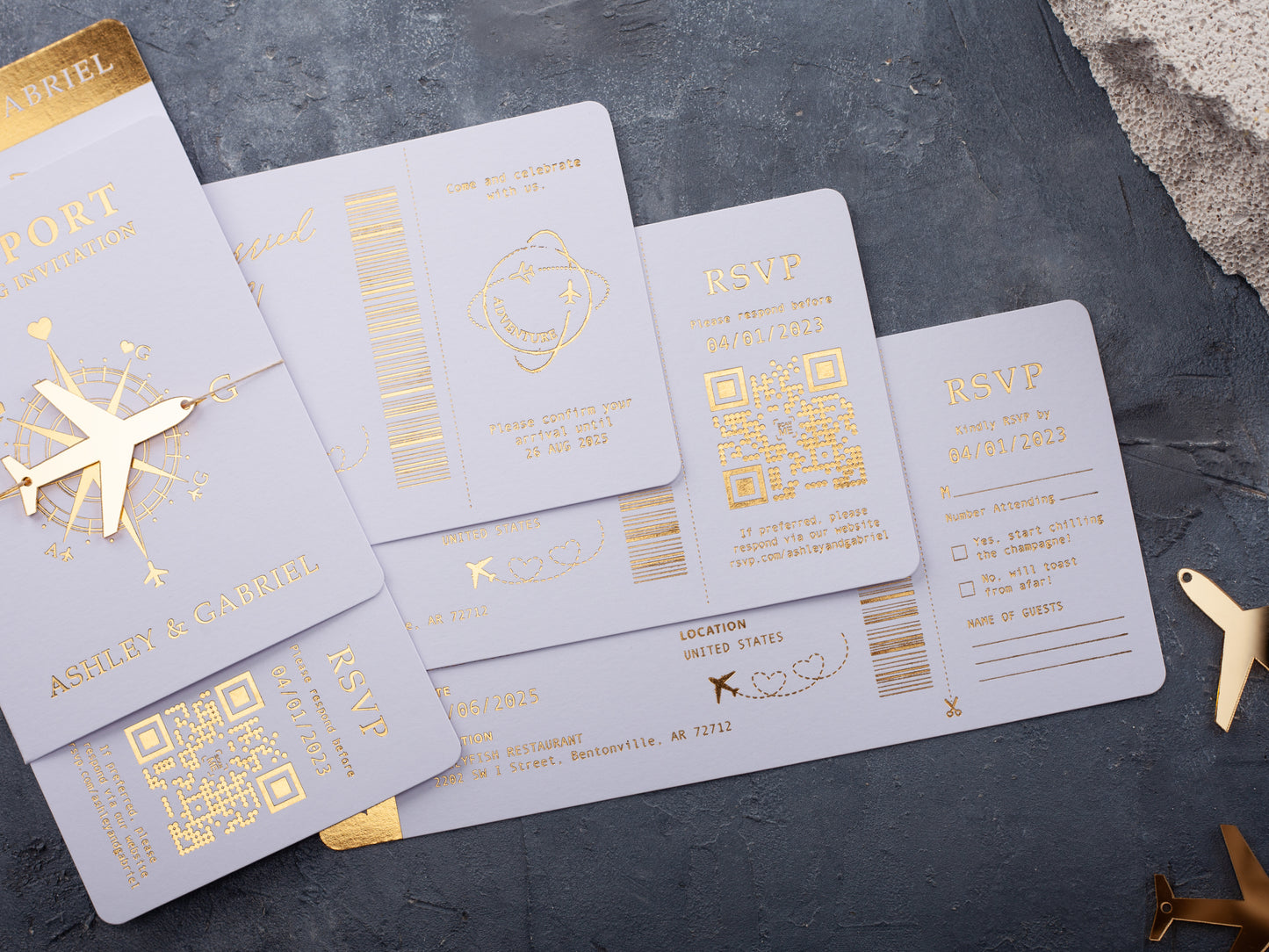 White Passport Wedding Invitations with Gold Foil | Acrylic Plane Accessory