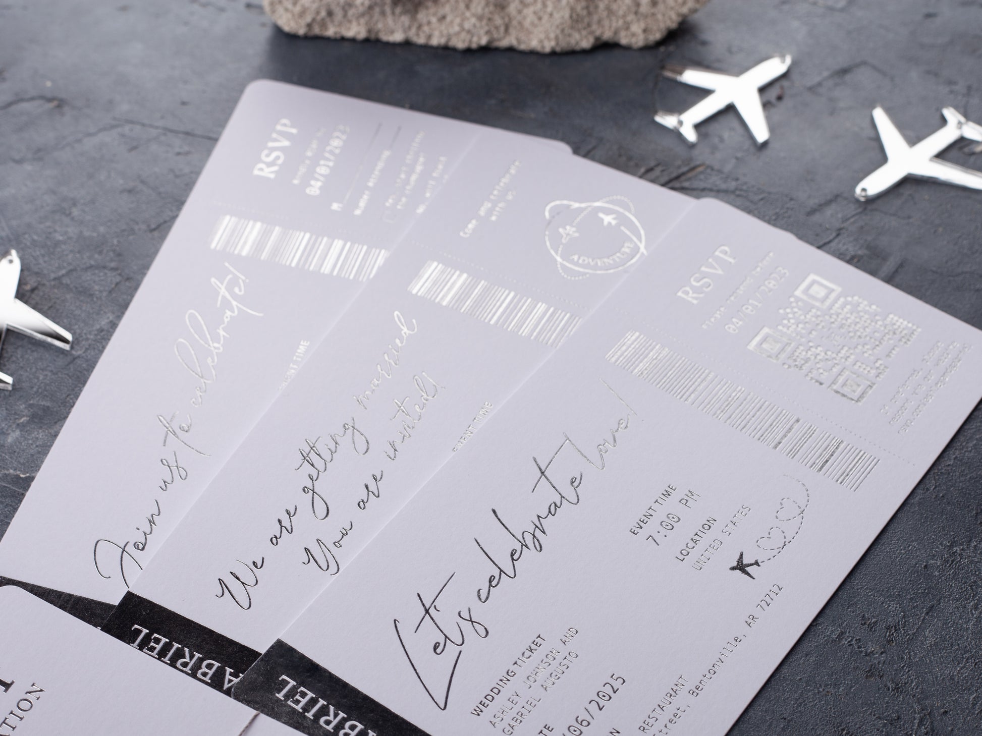 White Passport Wedding Invitations with Silver Foil | Acrylic Plane Accessory