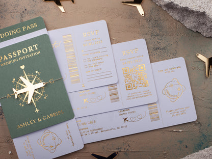 Sage Green Passport Wedding Invitations with Gold Foil | Acrylic Plane Accessory