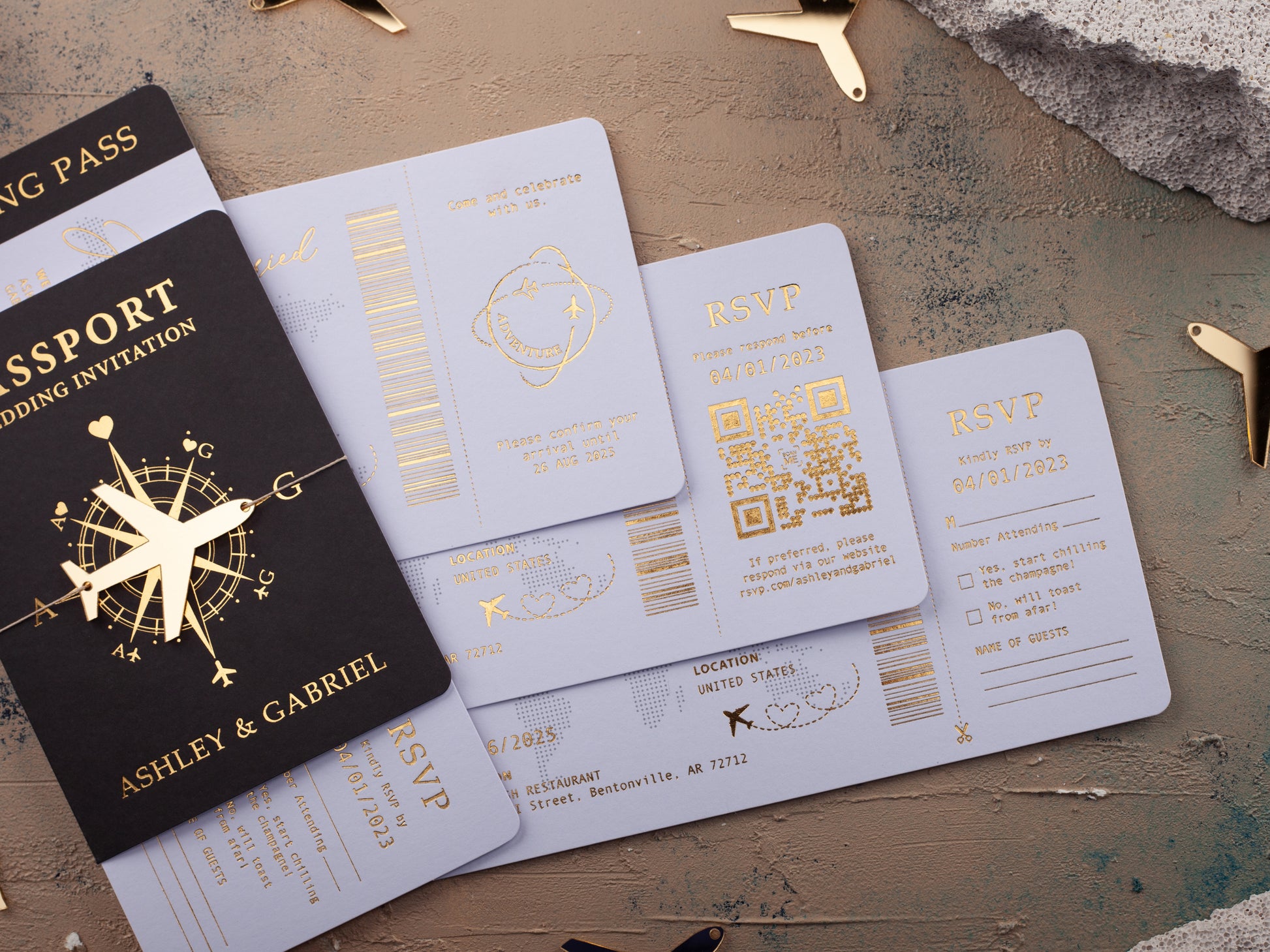 Boarding Pass Invitation, Black and Gold Passport Wedding Invitations