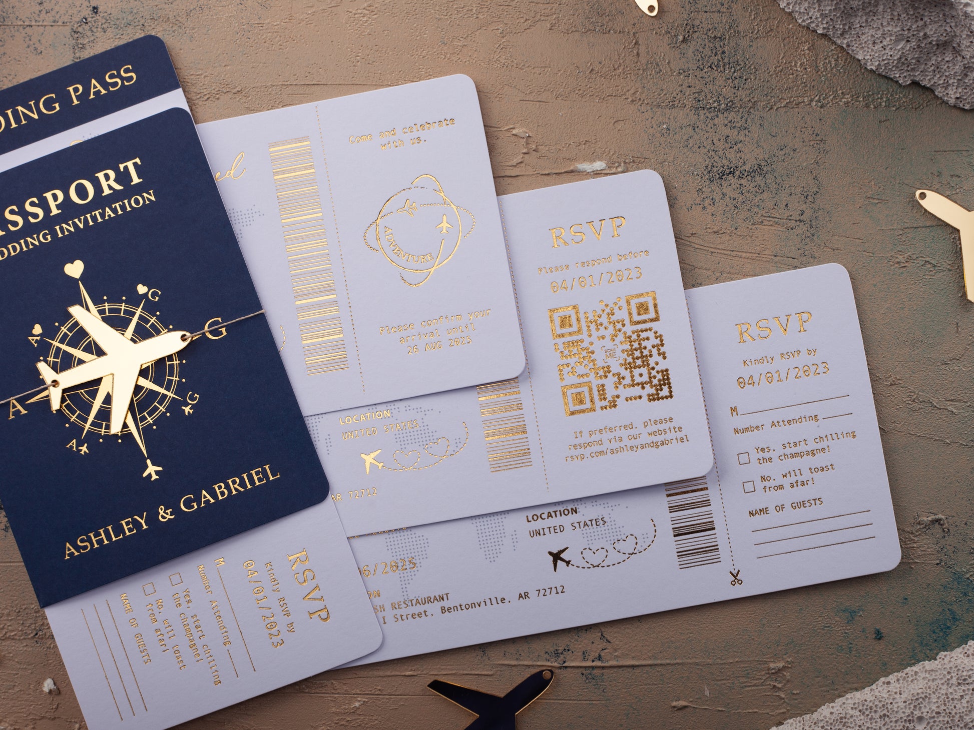 Navy Blue Boarding Pass Wedding Invitations with Gold Accents