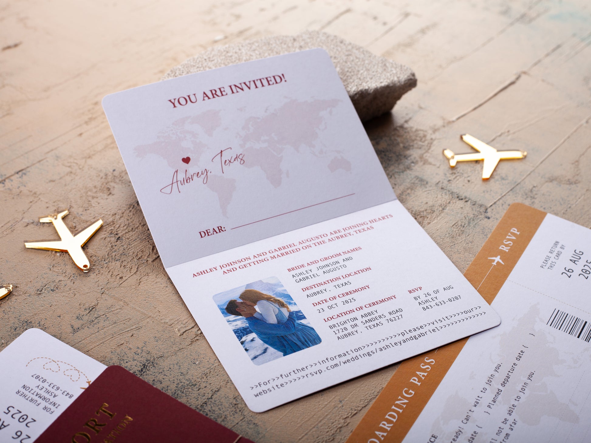 Burgundy and Gold Passport Wedding Invitation with Photo | Destination Wedding