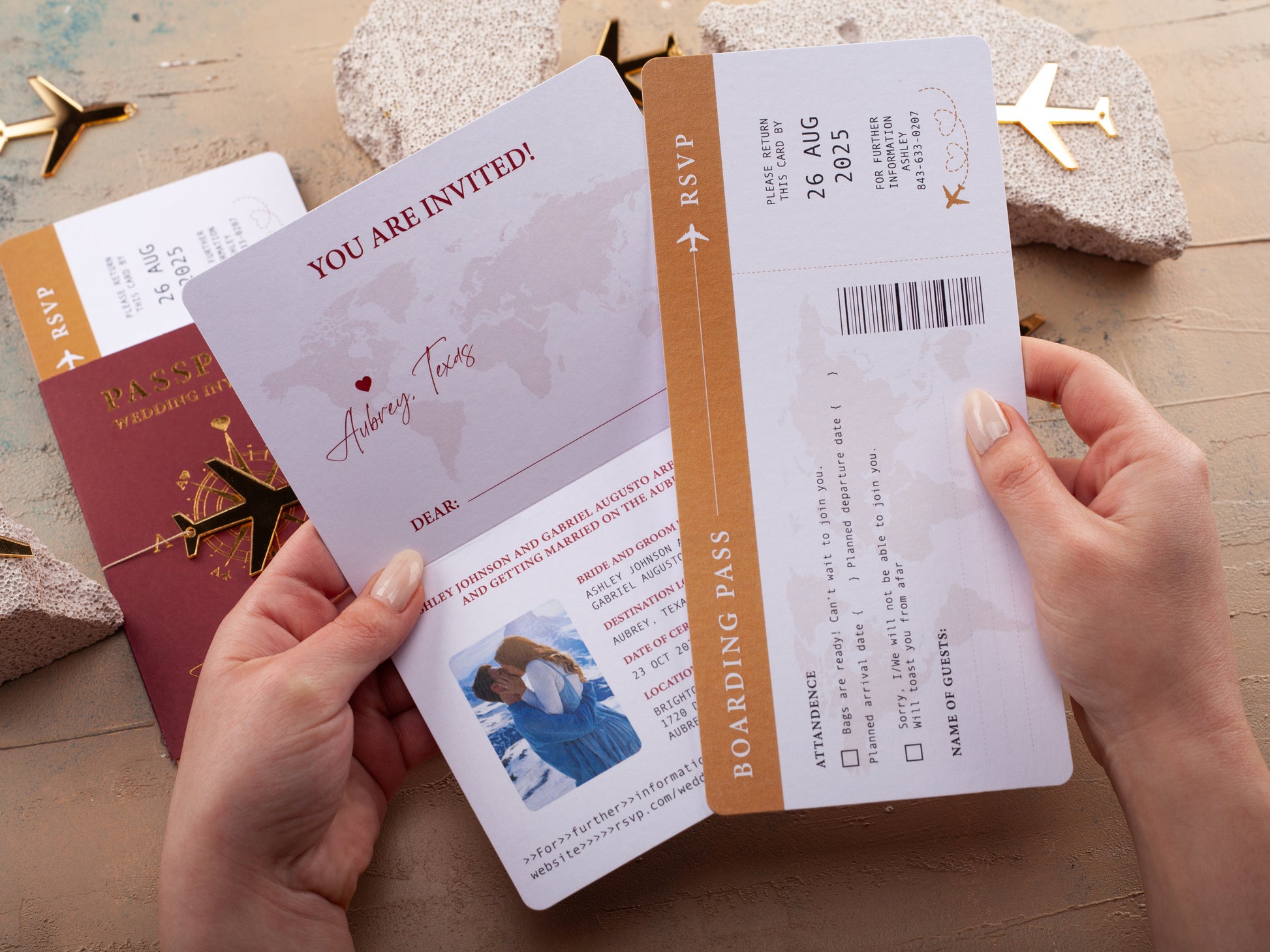 Burgundy and Gold Passport Wedding Invitation with Photo | Destination Wedding