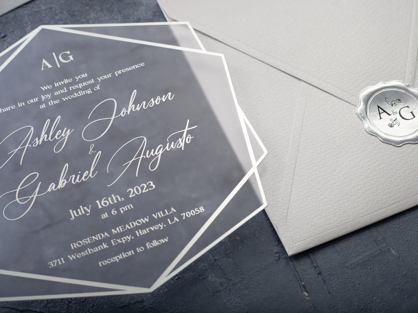 Silver foil Acrylic Invitation Set with White Envelope