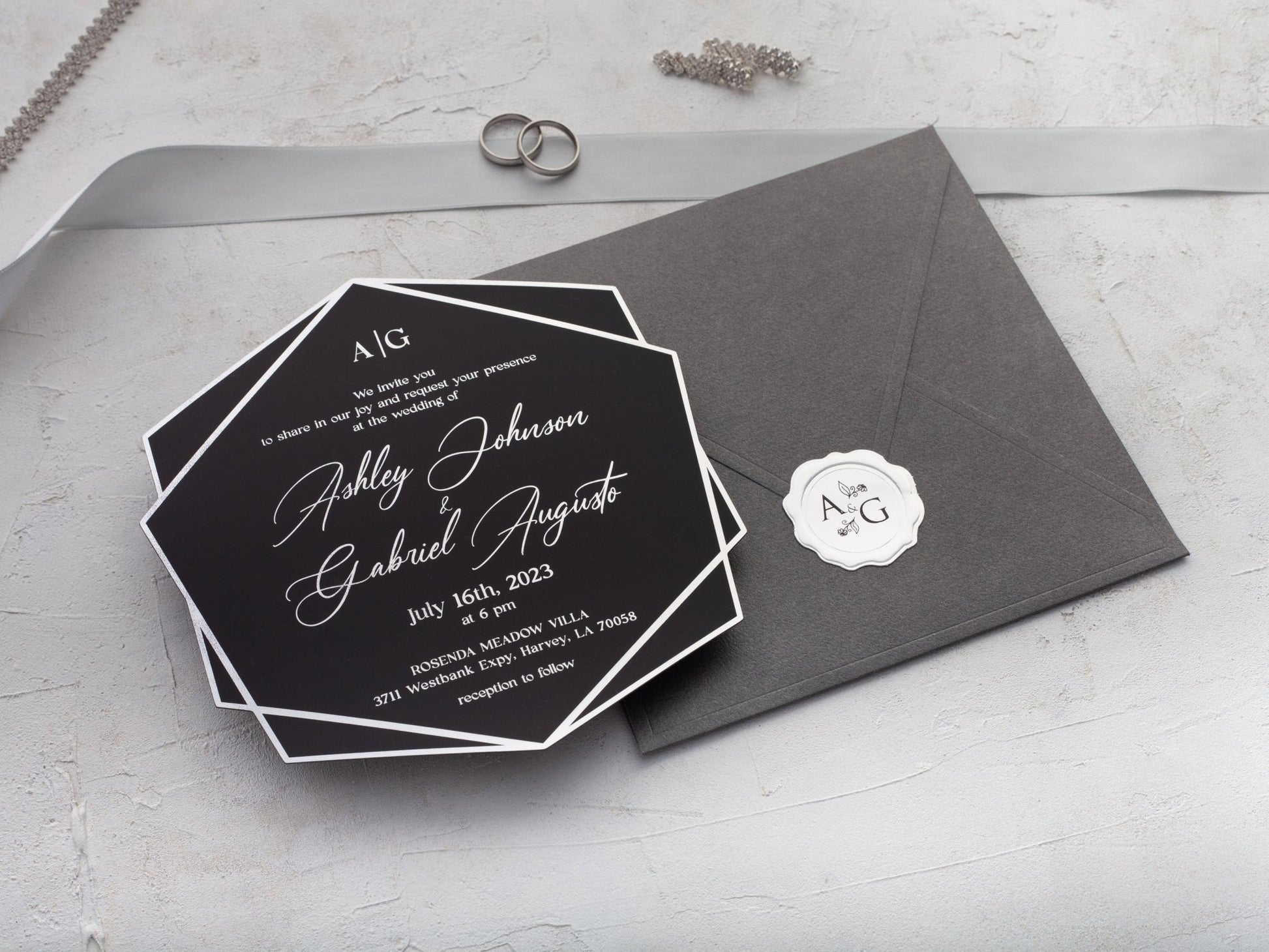 Black Acrylic Wedding Invitation | Black and Silver Foil Acrylic Invite