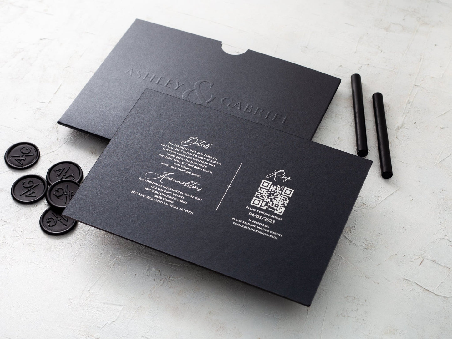 Black Emboss Wedding Invitation, Luxury Looking Black Foil Invitation Card