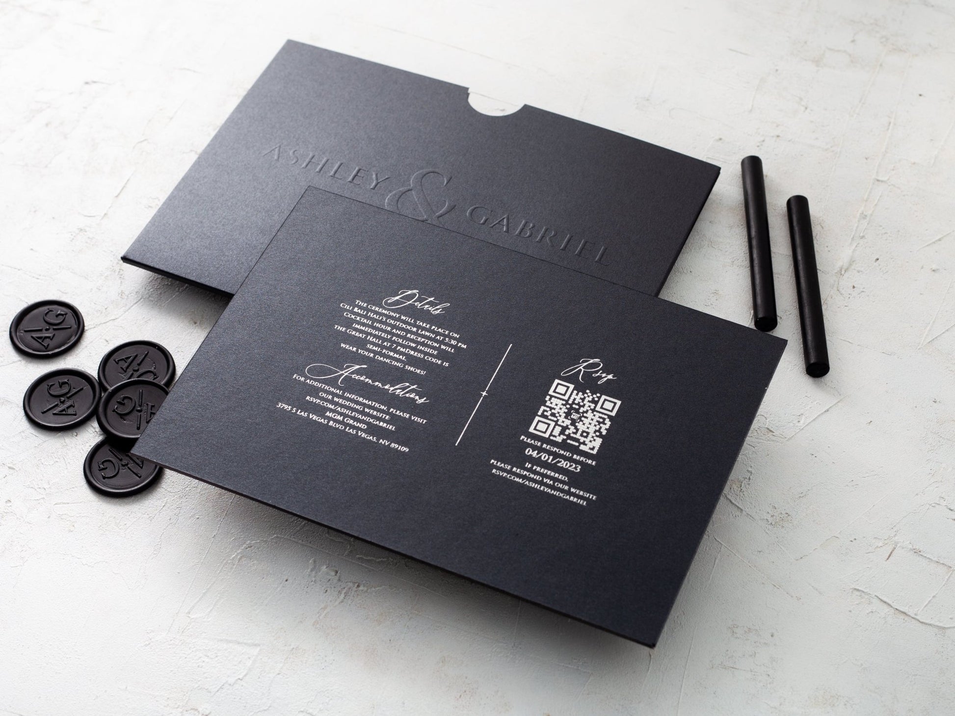 Scroll Invitation Card, Black Wedding Invitation, Foiling Printing