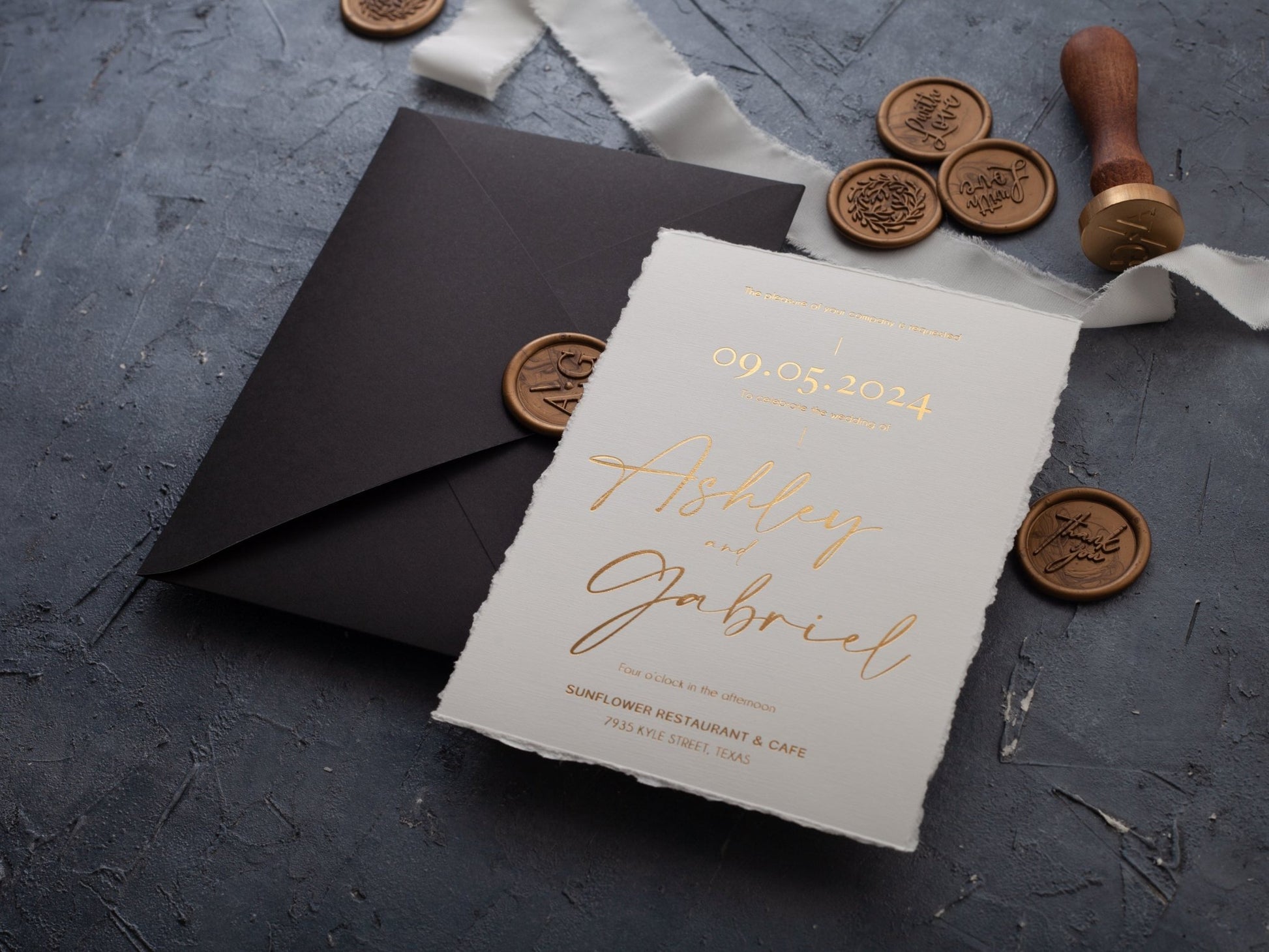 Black and Gold Handmade Wedding Invitation