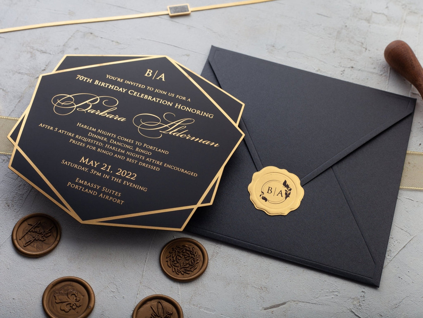 Birthday Invitations Black Acrylic with Gold Foil