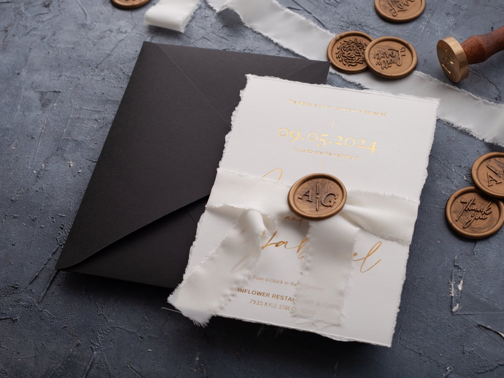 Black and Gold Handmade Wedding Invitation