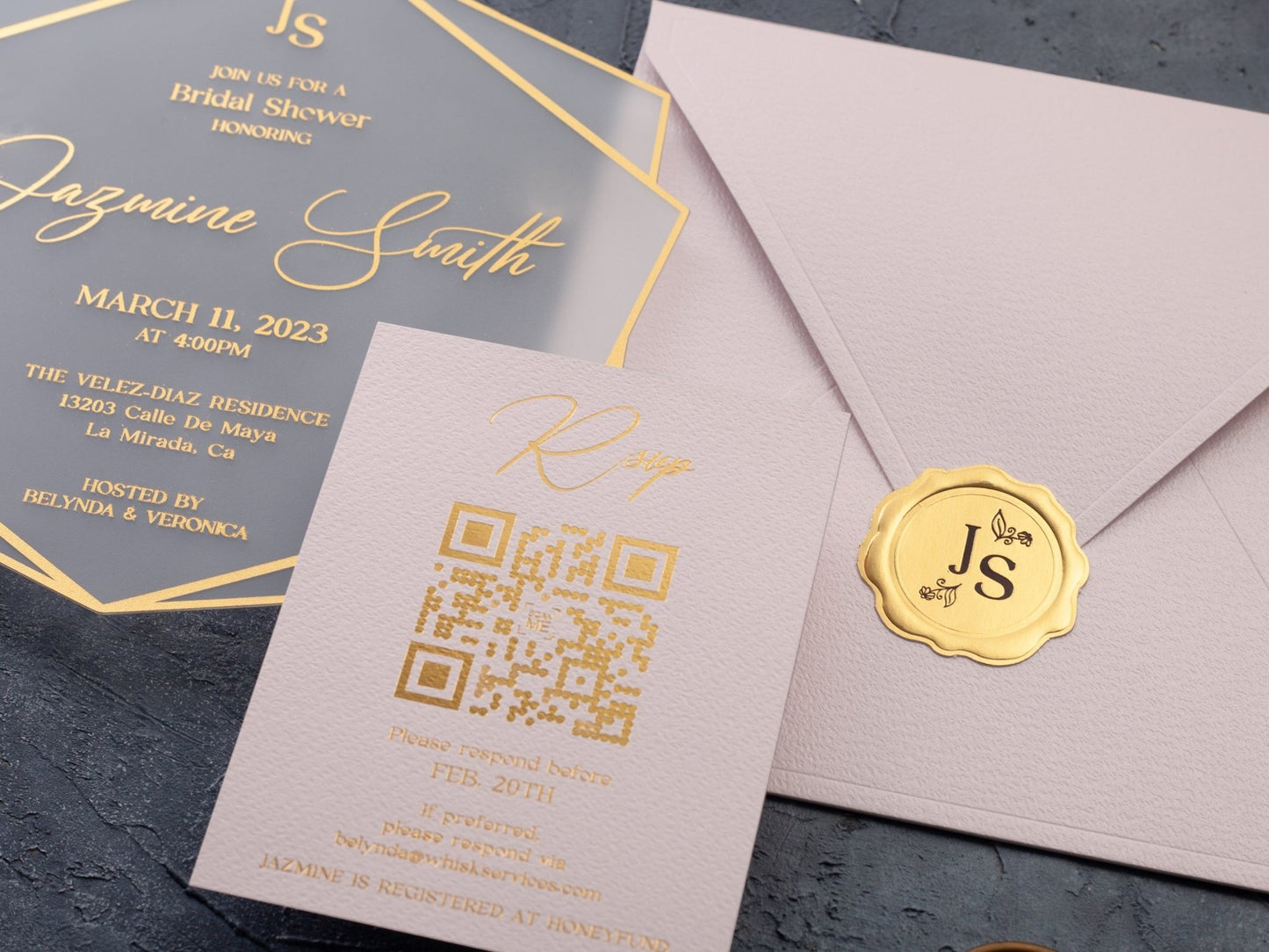 Bridal Shower Invitation | Acrylic Gold Foil with Pink Envelope