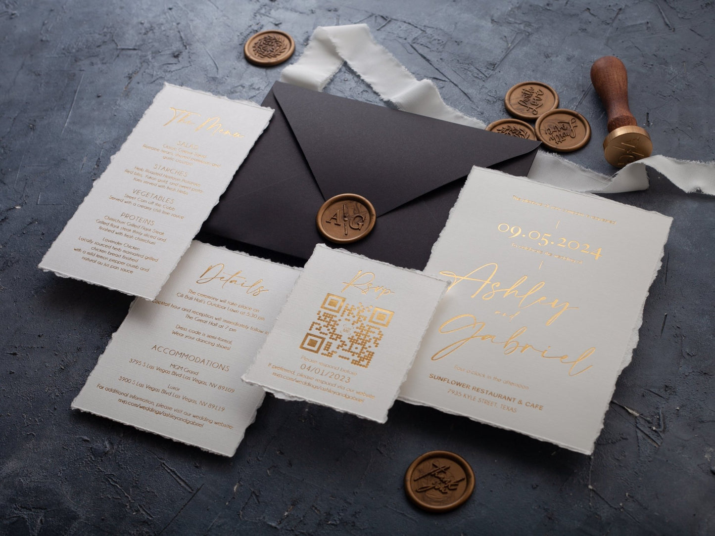 Black and Gold Handmade Wedding Invitation