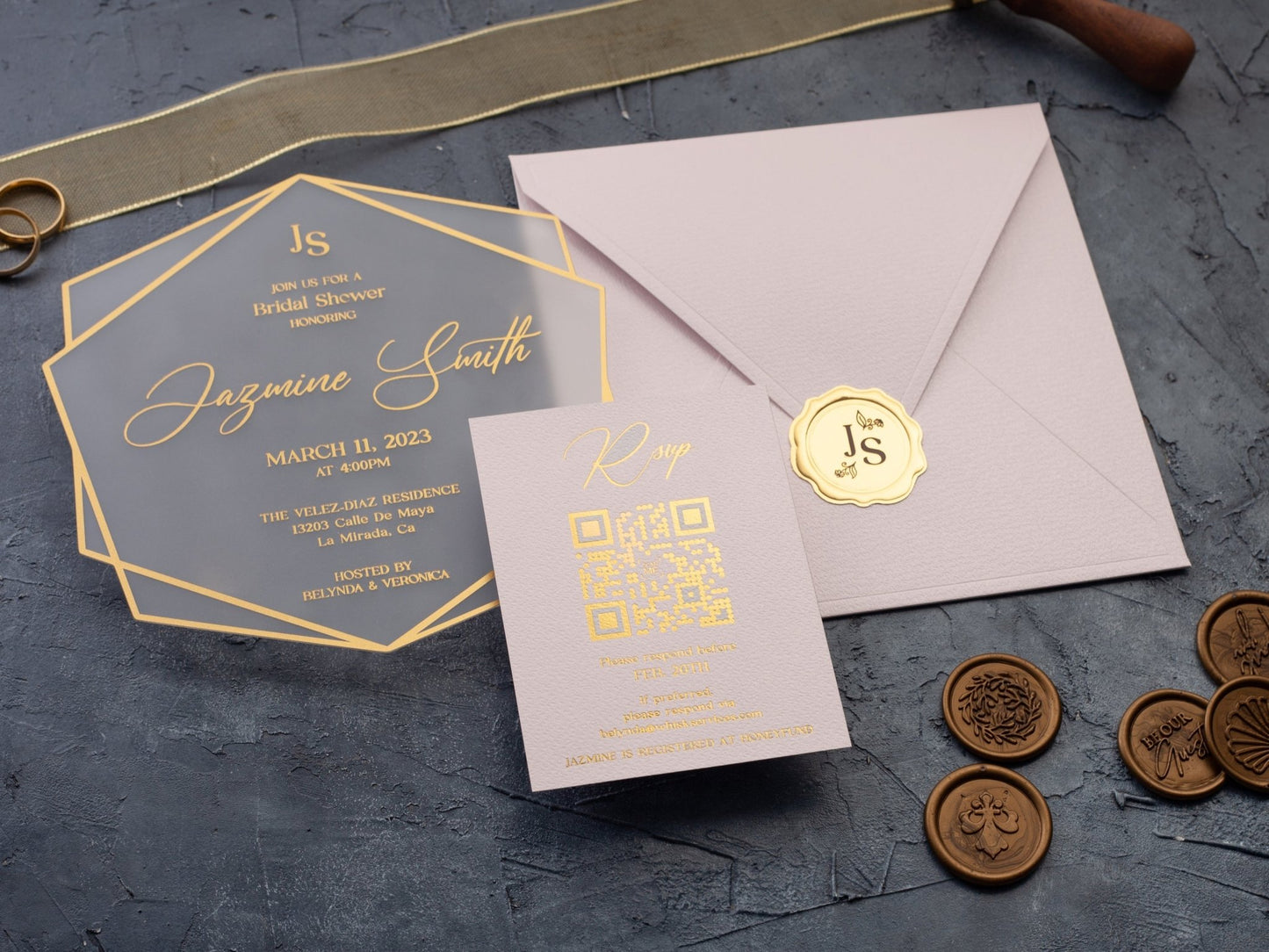 Bridal Shower Invitation | Acrylic Gold Foil with Pink Envelope