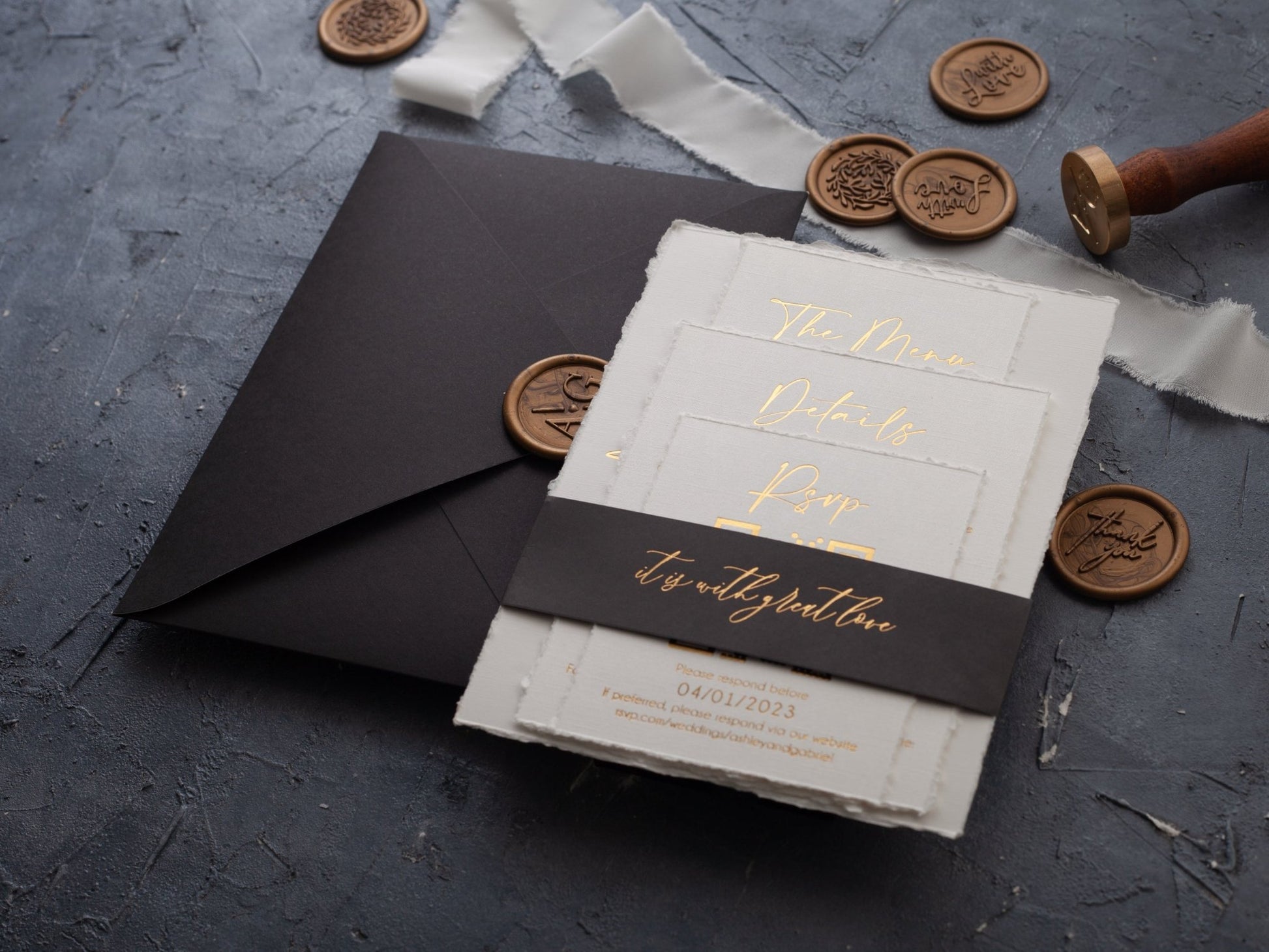 Black and Gold Handmade Wedding Invitation