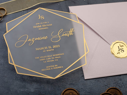 Bridal Shower Invitation | Acrylic Gold Foil with Pink Envelope