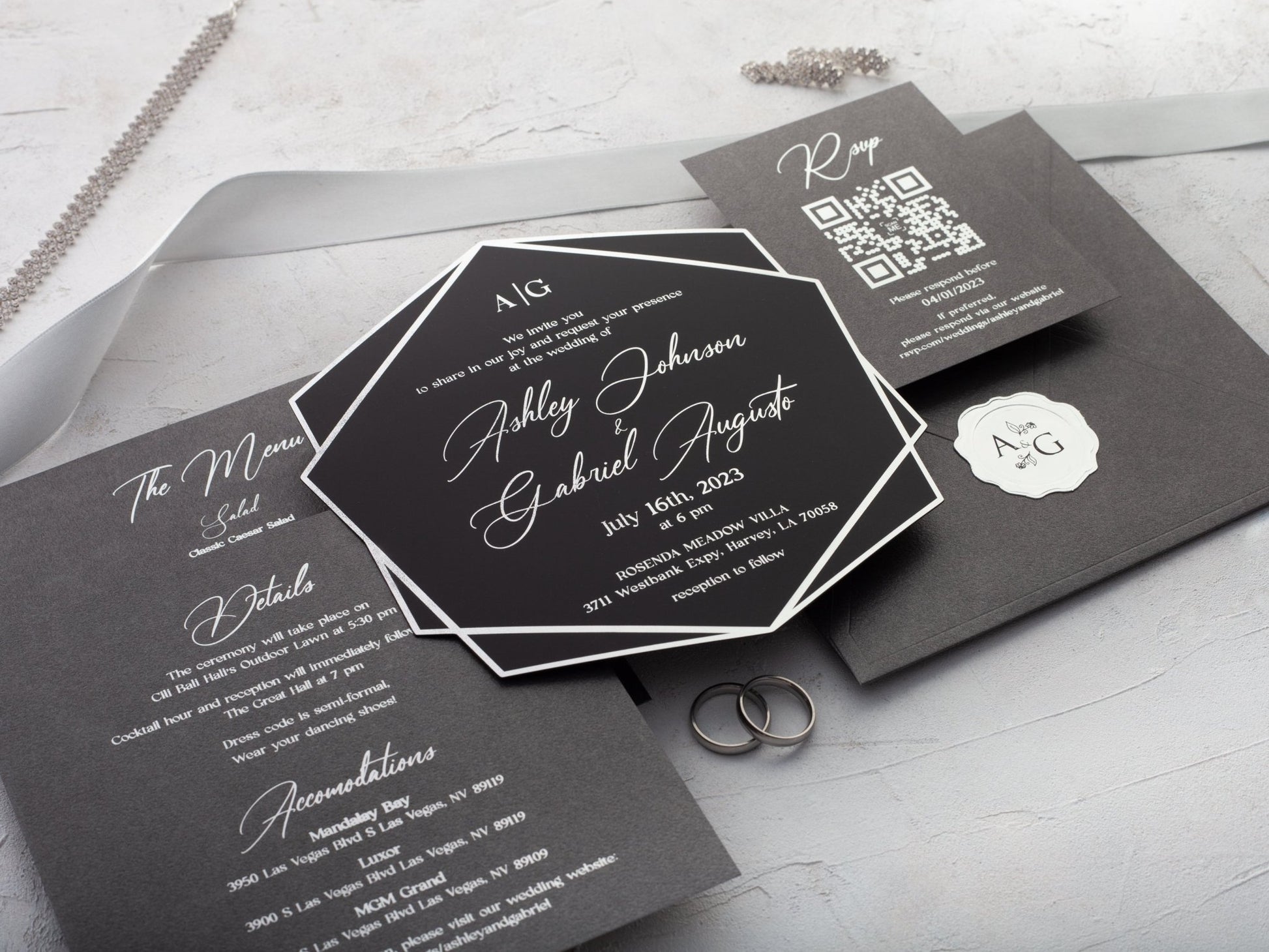 Black Acrylic Wedding Invitation | Black and Silver Foil Acrylic Invite